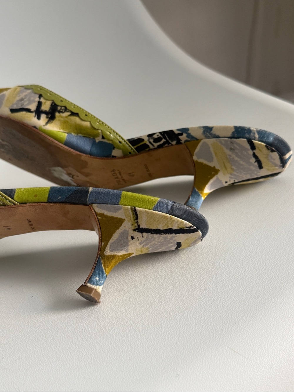 Prada Green Multicolor Patterned Slip-On Kitten Heel Mules - Picture 7 of 7